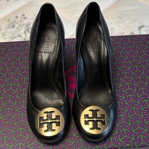 Tory Burch Black Heels with Gold Emblem